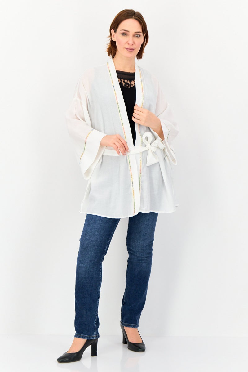 KOTON Women Split Neck Long Sleeves Belted Kimono, White - Image 4