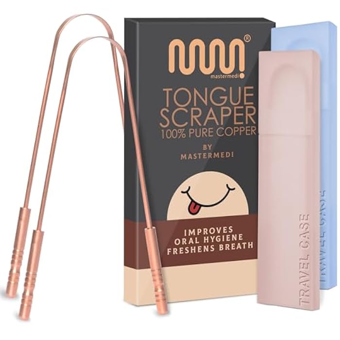 MasterMedi Tongue Scraper with Case Easy to Use Tongue Scraper for Adults, Tongue Cleaner for Oral Care & Hygiene Copper Set of 2 (with Travel Case) - Image 1