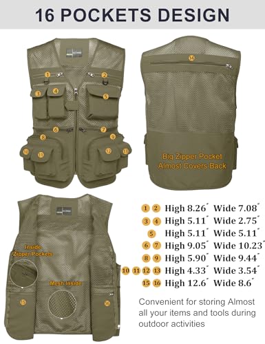 Flygo Men's Fishing Vest Utility Lightweight Outdoor Travel Safari Photo Cargo Vest with 16 pockets mesh Light Khaki XL - Image 2