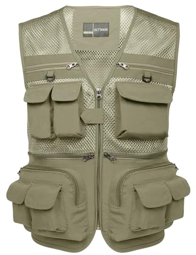 Flygo Men's Fishing Vest Utility Lightweight Outdoor Travel Safari Photo Cargo Vest with 16 pockets mesh Light Khaki XL - Image 1