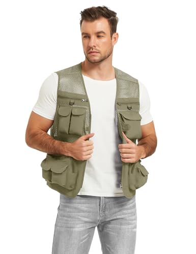 Flygo Men's Fishing Vest Utility Lightweight Outdoor Travel Safari Photo Cargo Vest with 16 pockets mesh Light Khaki XL - Image 4