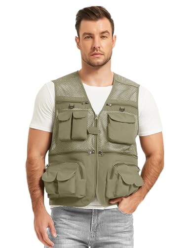 Flygo Men's Fishing Vest Utility Lightweight Outdoor Travel Safari Photo Cargo Vest with 16 pockets mesh Light Khaki XL - Image 3