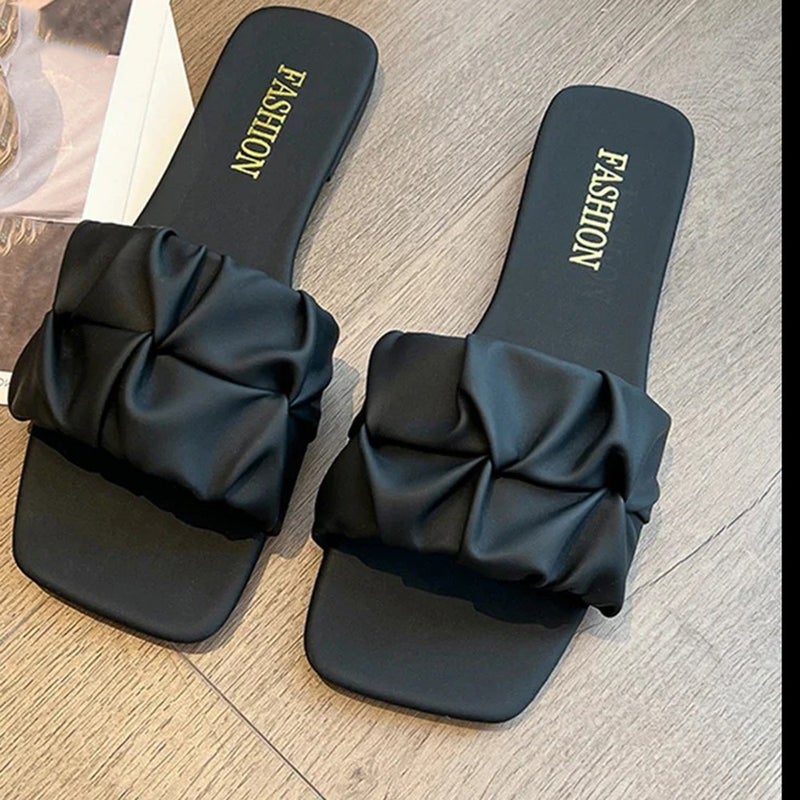 Pleated Slippers For Women Summer Outer Wear Flats Versatile Beach Sandals For Women Slippers - Image 4