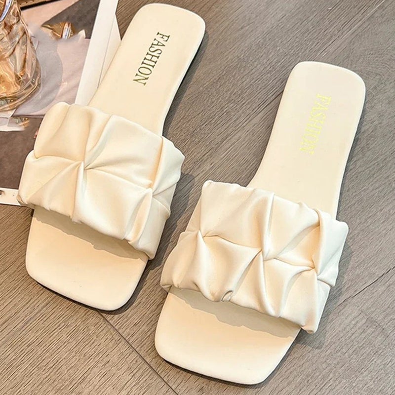 Pleated Slippers For Women Summer Outer Wear Flats Versatile Beach Sandals For Women Slippers - Image 5