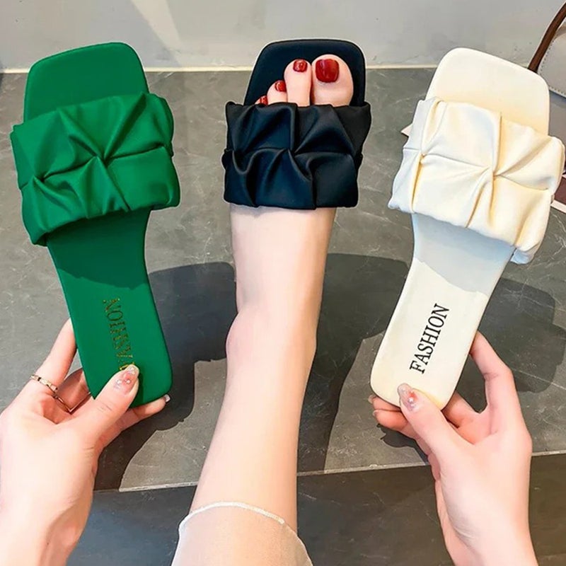 Pleated Slippers For Women Summer Outer Wear Flats Versatile Beach Sandals For Women Slippers - Image 3