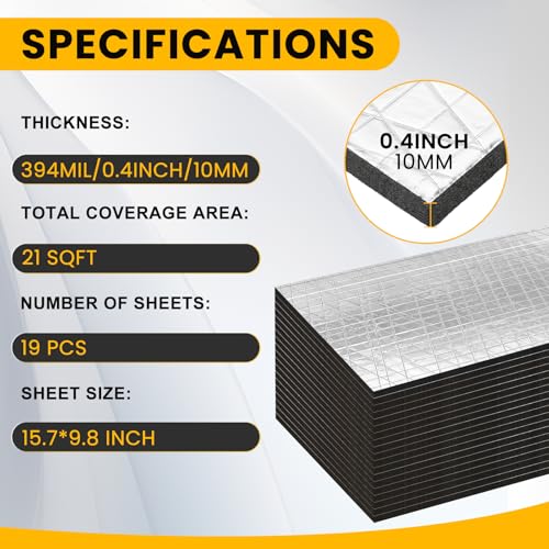 VOISEN VOISNE Sound Deading Material for Cars,394 mil(10mm) 21 sqft Sound Deadening,Aluminum foil Foam Automotive Sound Deadener,Noise Insulation and Vibration Dampening Material 19 Pcs - Image 2