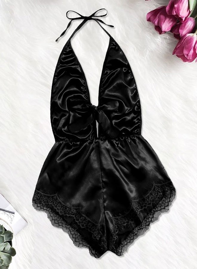 MARGOUN Women Small Size Stain Silk Underwear Deep V Neck Lingerie Fashion Ladies Sleepwear Bodysuit Teddy Lingerie Sleepwear Black/XL-Bust 96CM-Waist 76cm-hip 100cm - Image 1