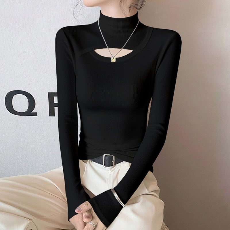 White high-necked hollowed-out long-sleeved base shirt for women's autumn and winter new knitted inner wear design sense trendy T-shirt top - Image 3