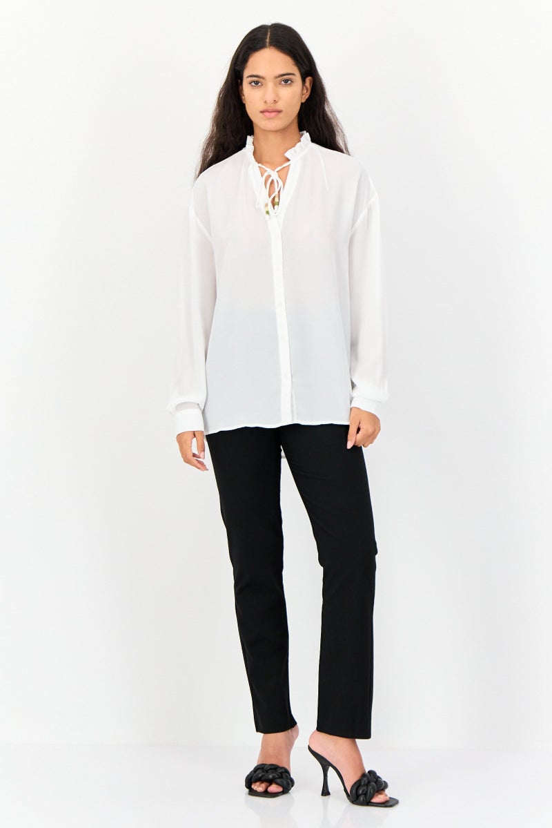 KOTON Women Ruffle Collar Long Sleeve Solid Blouse, White - Image 4