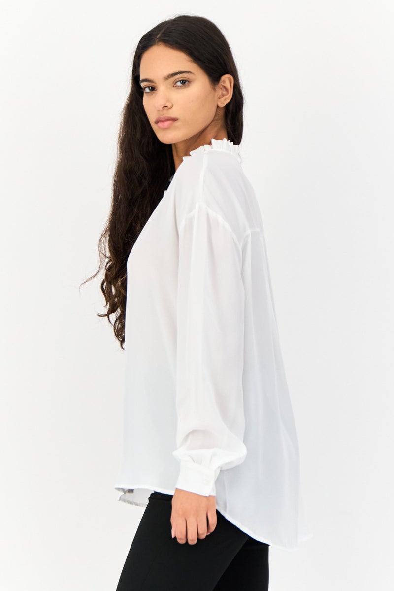 KOTON Women Ruffle Collar Long Sleeve Solid Blouse, White - Image 3