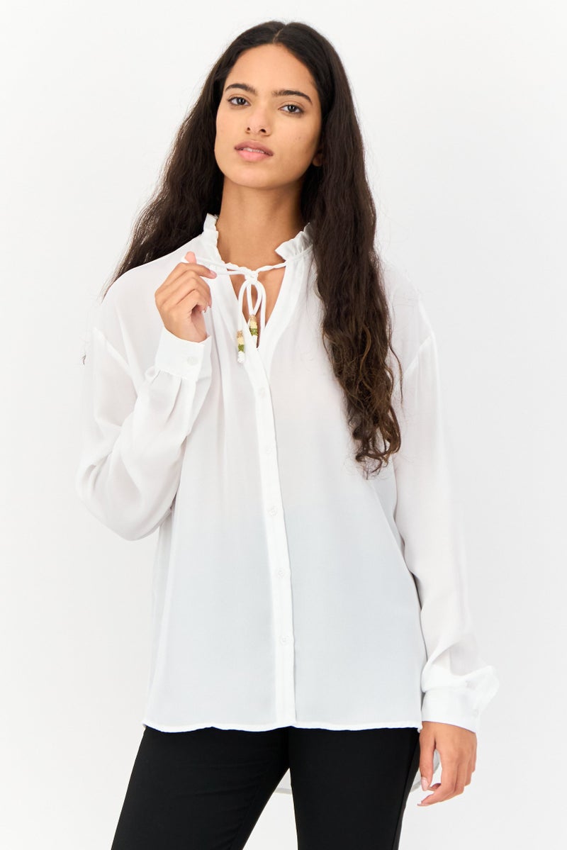 KOTON Women Ruffle Collar Long Sleeve Solid Blouse, White - Image 1