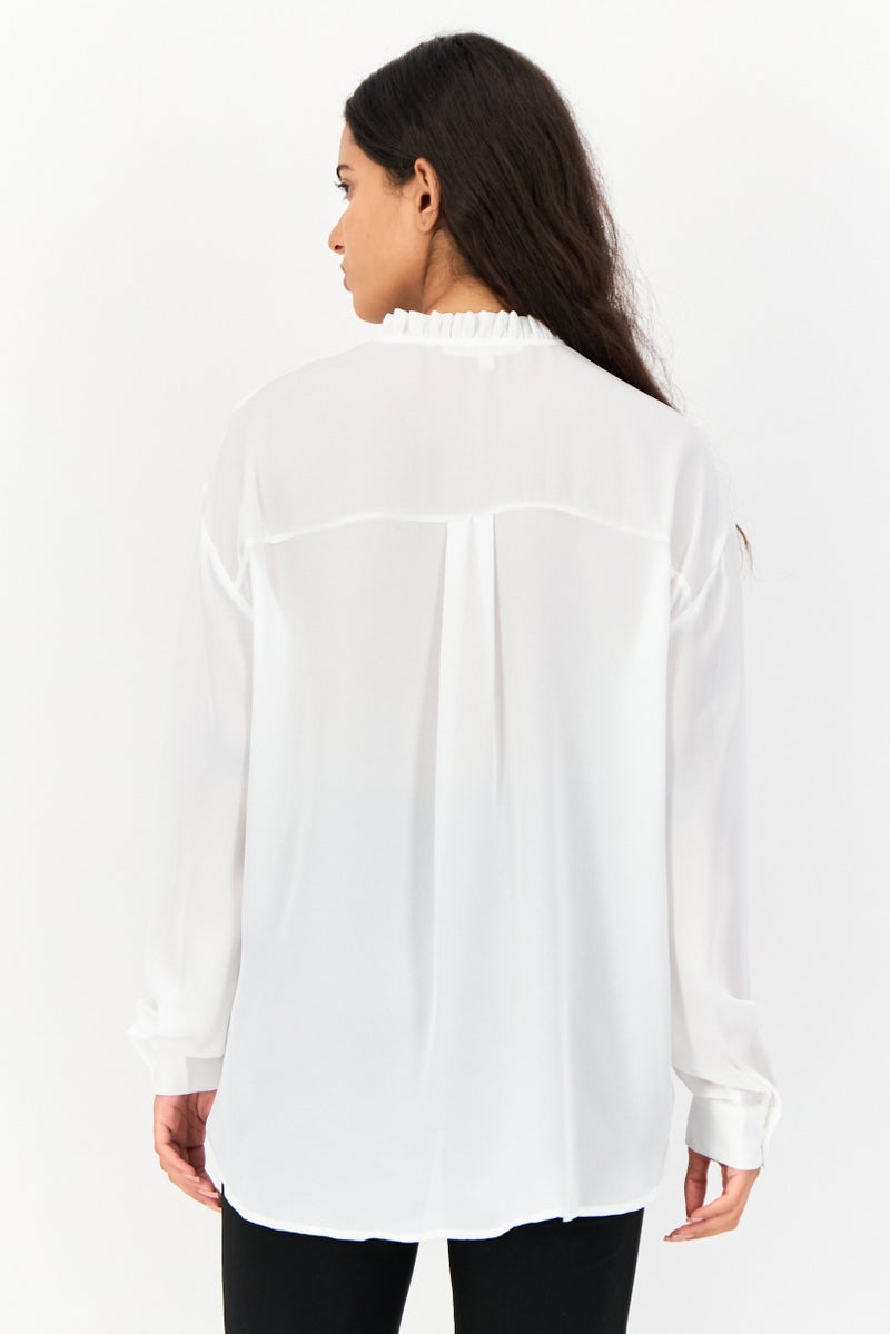 KOTON Women Ruffle Collar Long Sleeve Solid Blouse, White - Image 2