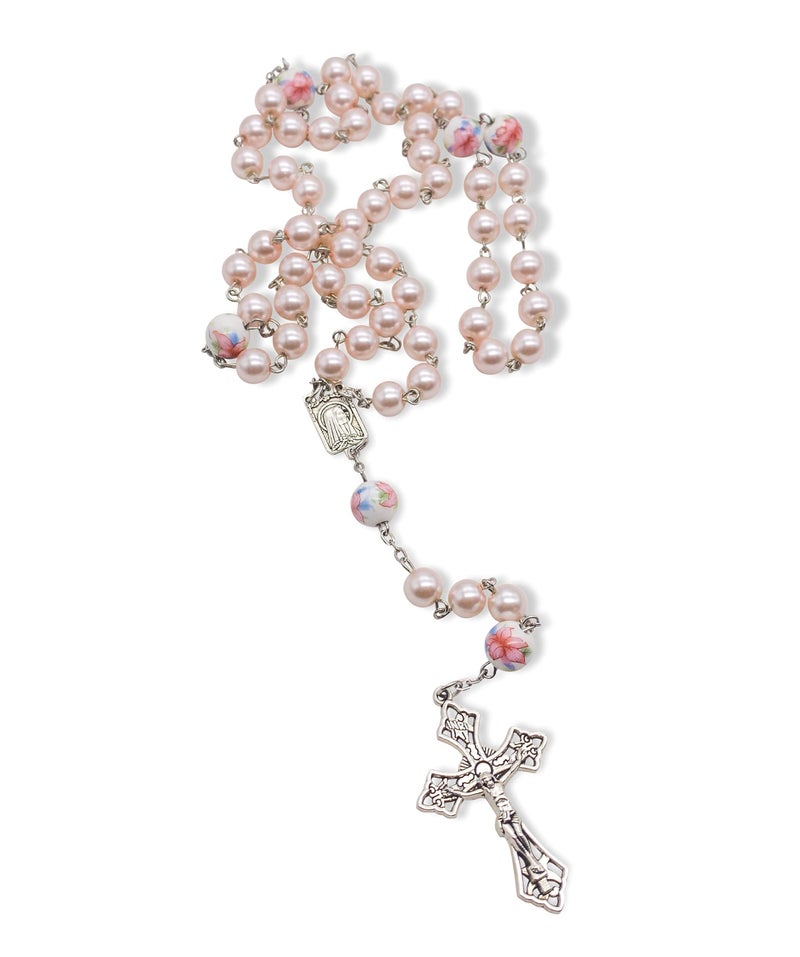 Nazareth Store Nazareth Store Pink Pearl Beads Rosary White Flowers Beaded Necklace Lourdes Medal & Cross Crucifix  - Image 5