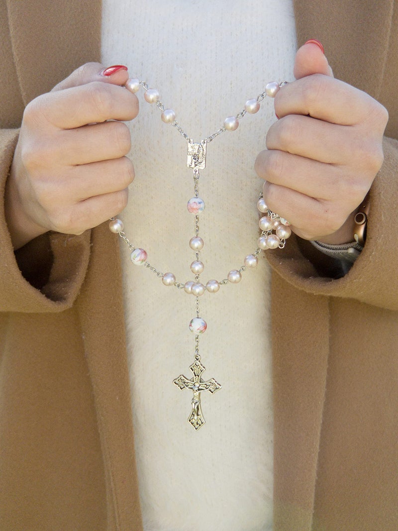Nazareth Store Nazareth Store Pink Pearl Beads Rosary White Flowers Beaded Necklace Lourdes Medal & Cross Crucifix  - Image 2