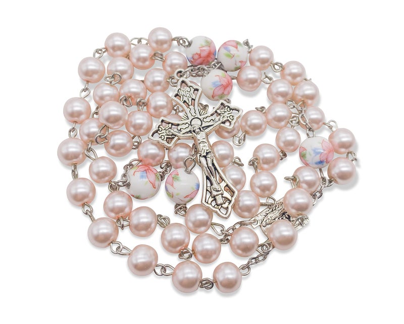 Nazareth Store Nazareth Store Pink Pearl Beads Rosary White Flowers Beaded Necklace Lourdes Medal & Cross Crucifix  - Image 1