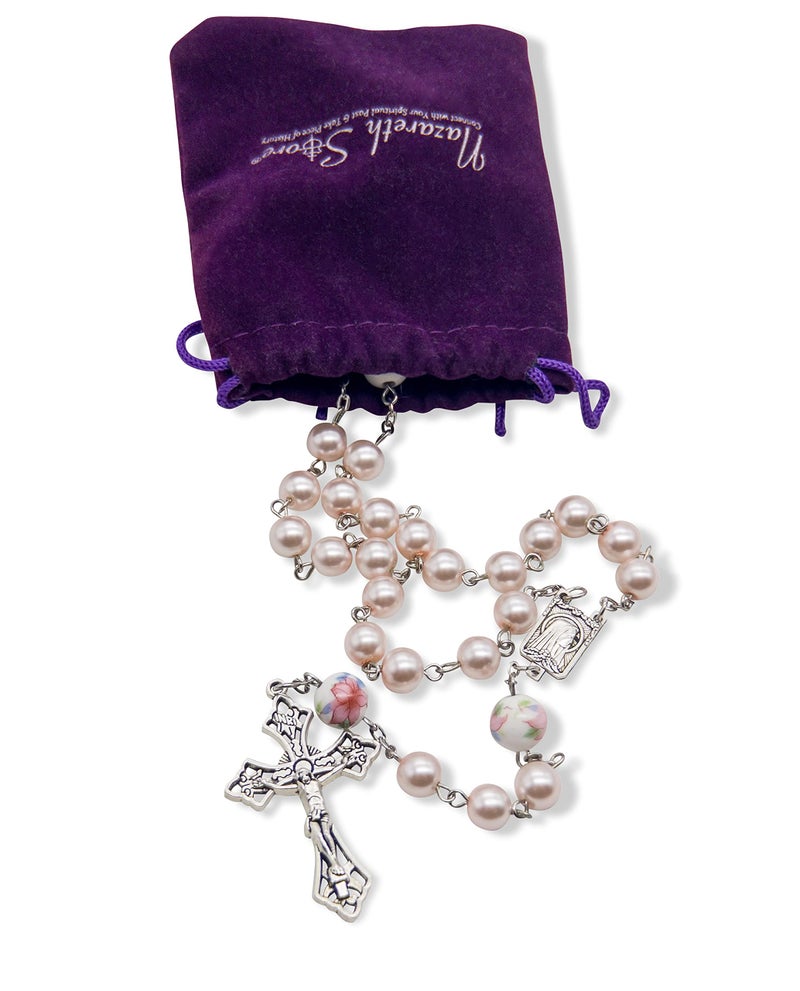 Nazareth Store Nazareth Store Pink Pearl Beads Rosary White Flowers Beaded Necklace Lourdes Medal & Cross Crucifix  - Image 3