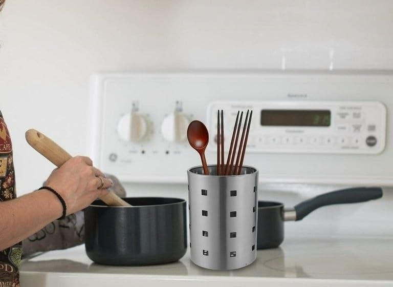 Generic Stainless Steel Utensil Holder with Decorative Square Cutouts, Cylindrical Kitchen Organiser for Spoons and Chopsticks, .db - Image 2
