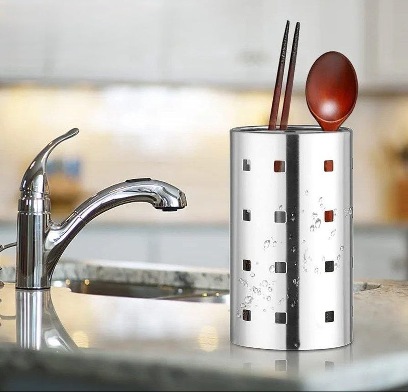 Generic Stainless Steel Utensil Holder with Decorative Square Cutouts, Cylindrical Kitchen Organiser for Spoons and Chopsticks, .db - Image 1