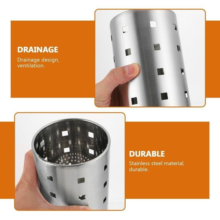 Generic Stainless Steel Utensil Holder with Decorative Square Cutouts, Cylindrical Kitchen Organiser for Spoons and Chopsticks, .db - Image 3