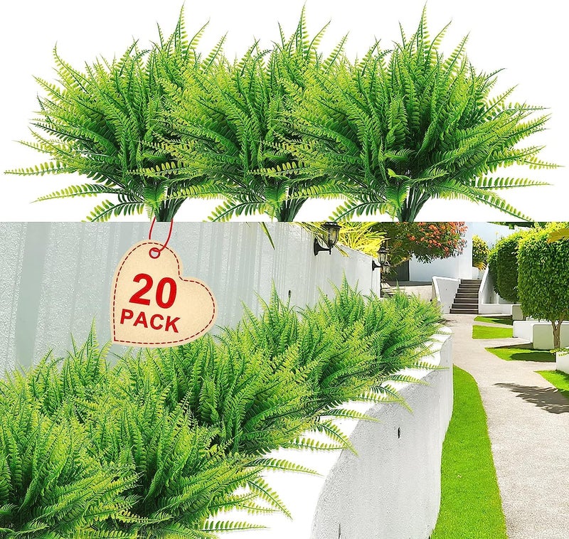 Artificial Boston Fake Fern Plants Bushes 20Packs Faux Plants Shrubs Greenery UV Resistant for Garden House Office Indoor Outdoor Dcor