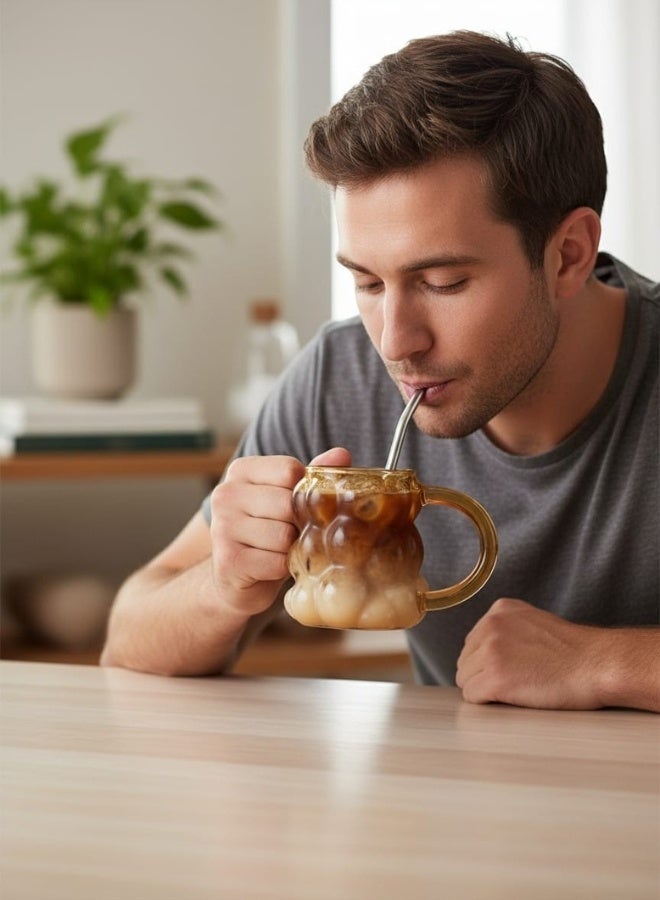 Bubbles Mug with Glass Handle for Drinking Juices, Nescafe and Iced Coffee (350ml-Honey) - Image 5