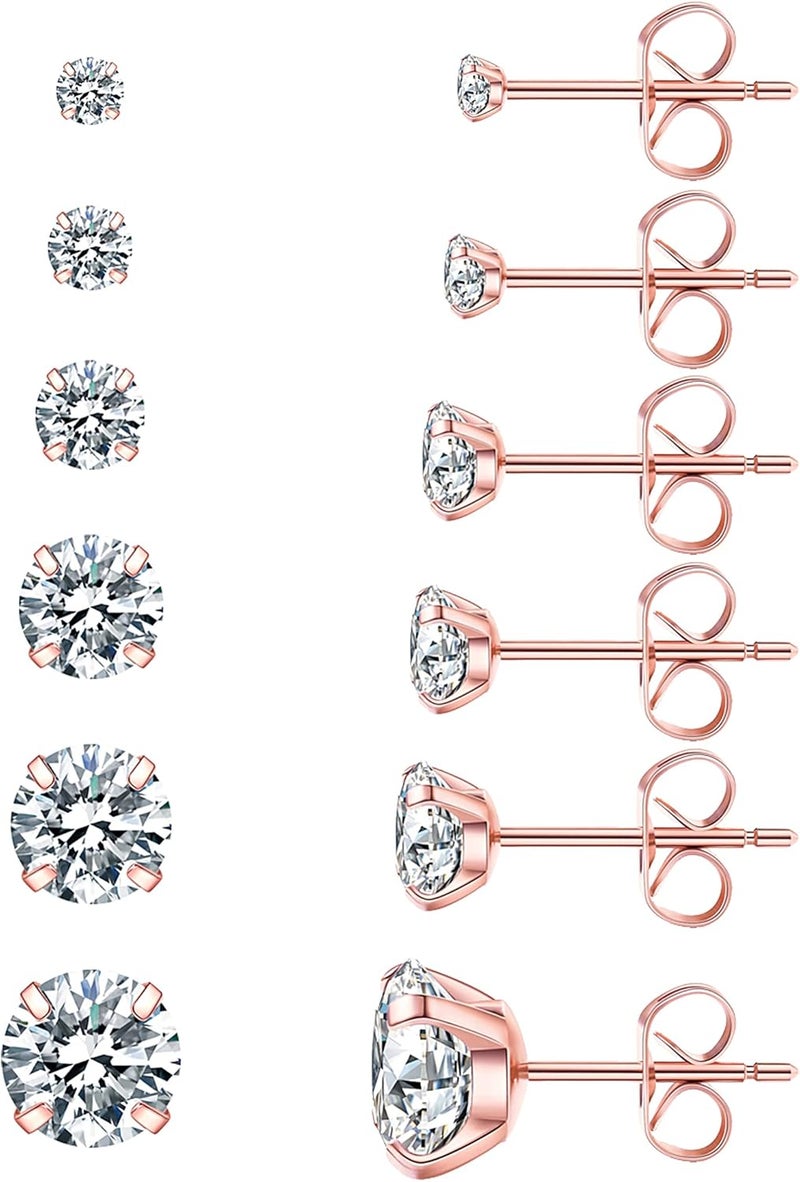 WSSXC 6 Pairs Stud Earrings Set, Hypoallergenic Cubic Zirconia 316L Earrings Stainless Steel CZ Earrings 3-8mm (Steel color) - Image 1