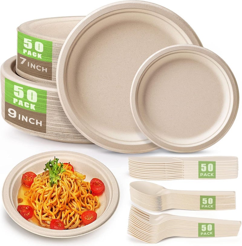 Amit Marketing 250 Pcs Disposable Dinnerware Set | Sugarcane Compostable Round Paper Plates | Extra Long Forks, Knives & Spoons | Ideal for Birthdays, Parties, Picnics & Events for 50 People (Brown) - Image 1