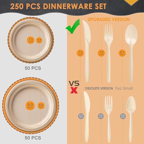 Amit Marketing 250 Pcs Disposable Dinnerware Set | Sugarcane Compostable Round Paper Plates | Extra Long Forks, Knives & Spoons | Ideal for Birthdays, Parties, Picnics & Events for 50 People (Brown) - Image 4