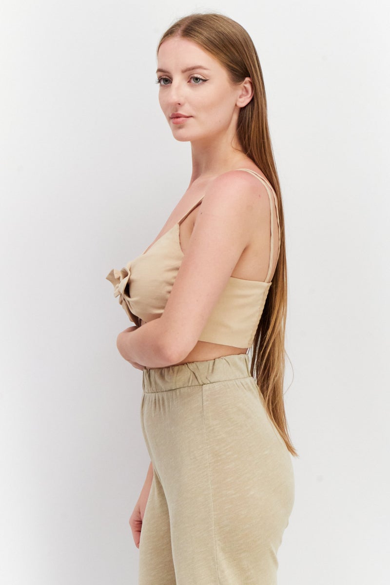 Reserved Women  V-Neck Sleeveless Solid Tank Top, Beige - Image 4