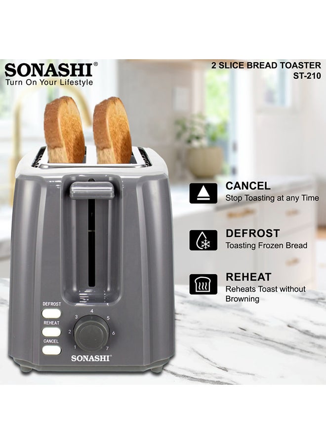 SONASHI 2 Slice Bread Toaster - Adjustable 7 Browning Control with Slide Out Crumb Tray | Defrost, Reheat and Cancel Options | Cool Touch Body for Fast Toasting 2 Slices 750 W ST-210 Grey - Image 3