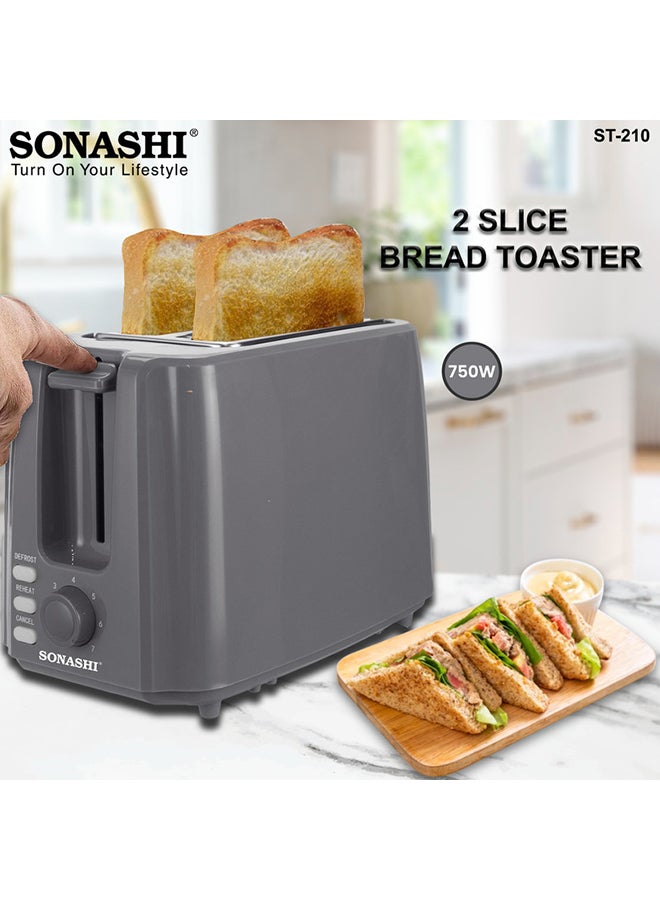 SONASHI 2 Slice Bread Toaster - Adjustable 7 Browning Control with Slide Out Crumb Tray | Defrost, Reheat and Cancel Options | Cool Touch Body for Fast Toasting 2 Slices 750 W ST-210 Grey - Image 2