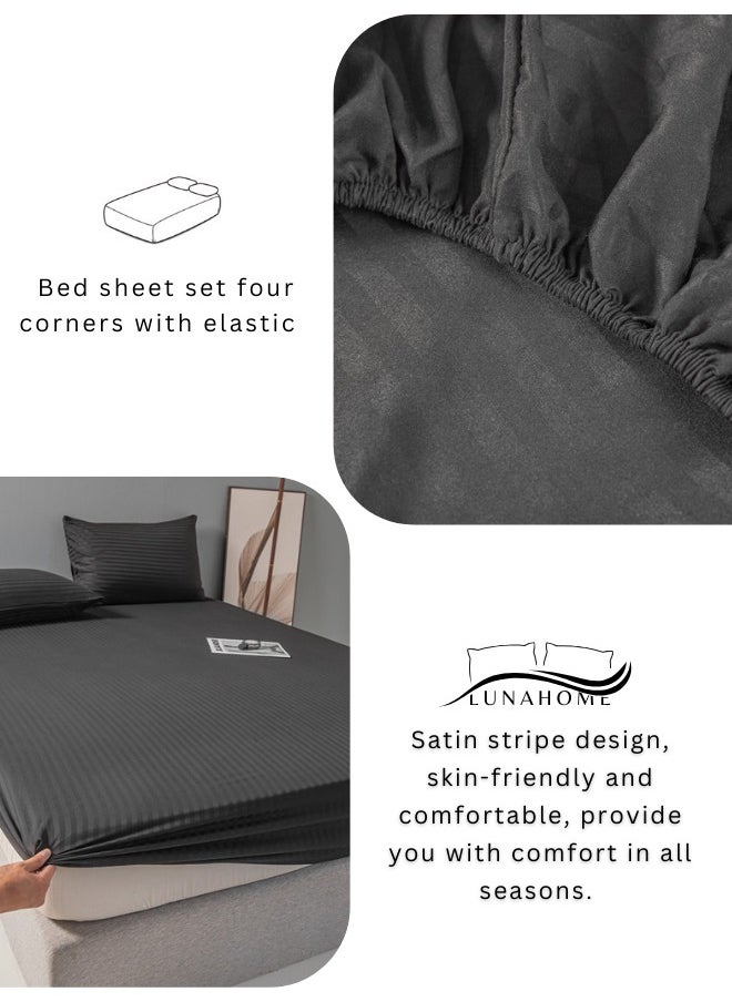 LUNA Home - 3 Pcs King Size Fitted sheet with elastic corner 180*200+30cm with 2 pillow cases, bedsheet set, black. - Image 1
