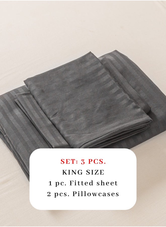 LUNA Home - 3 Pcs King Size Fitted sheet with elastic corner 180*200+30cm with 2 pillow cases, bedsheet set, black. - Image 1