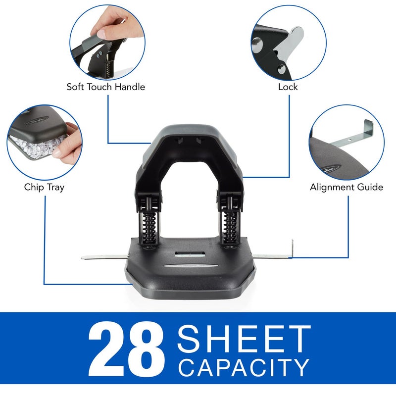 Swingline 2 Hole Punch, 28 Sheet Capacity Hole Puncher, Paper Punch, Low Effort Comfort Handle, Alignment Guide, Black (74050) - Image 2