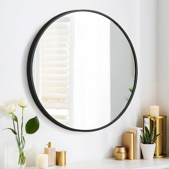 SCWFGZ 24 ROUND MIRROR CIRCLE WALL MOUNTED HANGING OR AGAINST WALL METAL FRAME DRESSING MAKEUP MIRRORS FOR ENTRYWAY BEDROOM BATHROOM LIVING ROOM 24 INCH BLACK