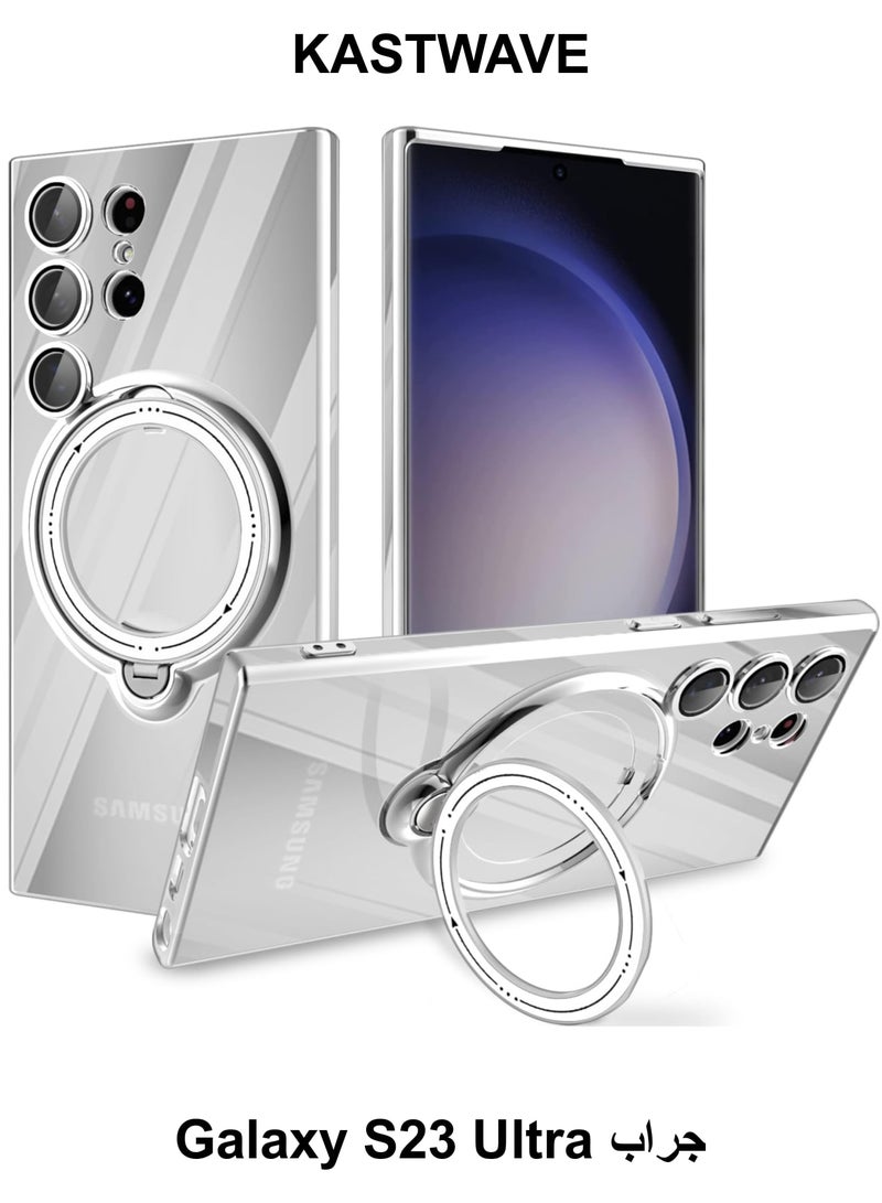 KASTWAVE Clear Case for Samsung Galaxy S23 Ultra with Magnetic Stand [Compatible with MagSafe] [360 Rotatable Ring] Plating TPU Shockproof Protective Galaxy S23 Ultra Phone Cas Silver - Image 1