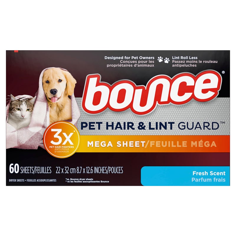 bounce Bounce Pet Hair & Lint Guard Mega Dryer Sheets with 3X Pet Hair Fighters, Fresh Scent, 60Count - Image 1