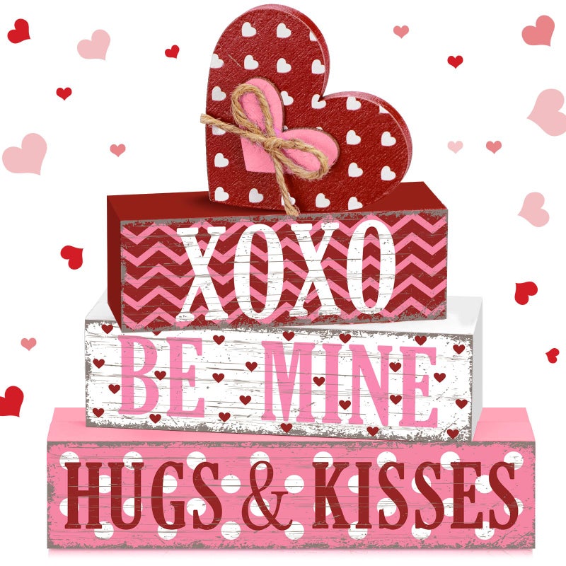 GlikCeil 4 Pcs Valentine's Day Table Sign Tiered Tray Decor Valentine's Day Heart Table Wood Block Decorations Centerpieces Farmhouse Rustic Be Mine Hug Kisses Decor for Home Office Desk Shelf Decors - Image 1