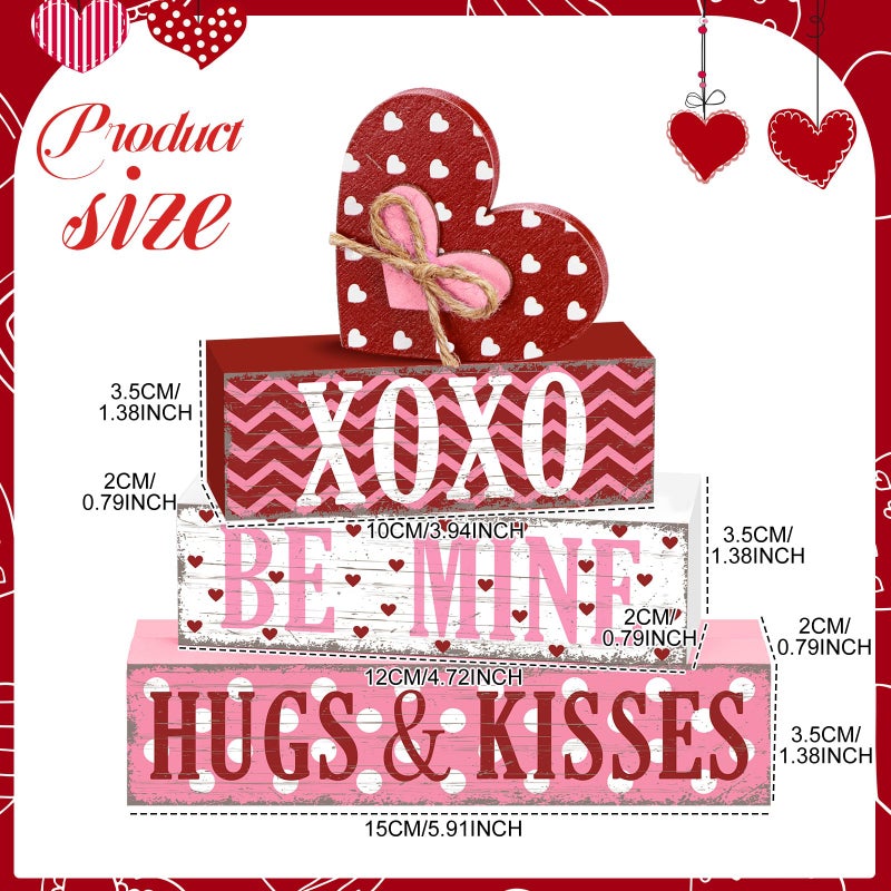 GlikCeil 4 Pcs Valentine's Day Table Sign Tiered Tray Decor Valentine's Day Heart Table Wood Block Decorations Centerpieces Farmhouse Rustic Be Mine Hug Kisses Decor for Home Office Desk Shelf Decors - Image 4