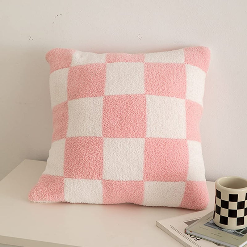 NIDITW Set of 2 Ultra Soft Checkerboard Throw Pillow Cover Microfiber Chessboard Gingham Cushion Case Cozy Fuzzy Checkered Pillowcase Decor for Home Sofa Couch 18x18 Inches (Pink)