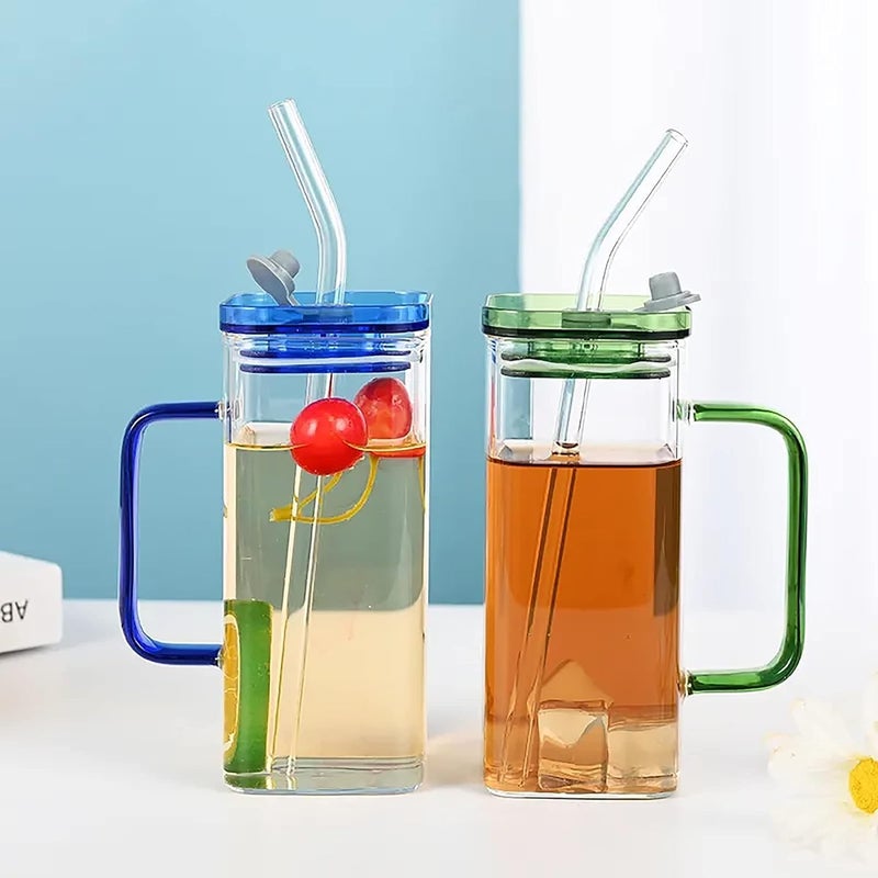 BIG CART Mason Jars with Glass Straws and Lids 385ml Drinking Glass Cups Reusable Travel Tumbler for Juice Iced Tea Smoothie BeerCold Coffee Set of 2 - Image 1