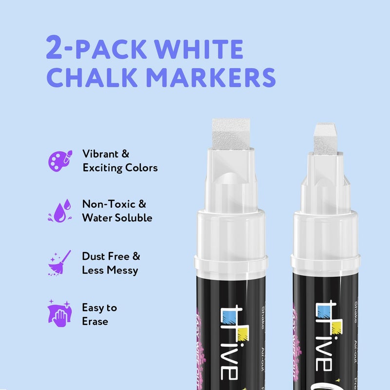 TFIVE White Liquid Chalk Markers - 2 Pack Jumbo Chalk Pens with 10mm 3 in 1 Nib Wide Tips, Dry & Wet Erase Marker Pens for Glass, Chalkboard, BlackBoard, Windows, Calendar, Pumpkin, Mirror - Image 2