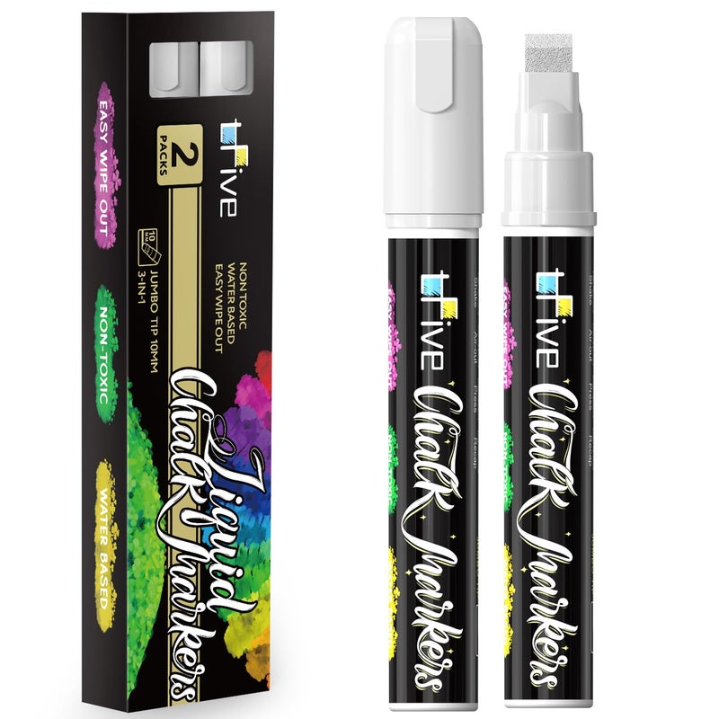 TFIVE White Liquid Chalk Markers - 2 Pack Jumbo Chalk Pens with 10mm 3 in 1 Nib Wide Tips, Dry & Wet Erase Marker Pens for Glass, Chalkboard, BlackBoard, Windows, Calendar, Pumpkin, Mirror - Image 1