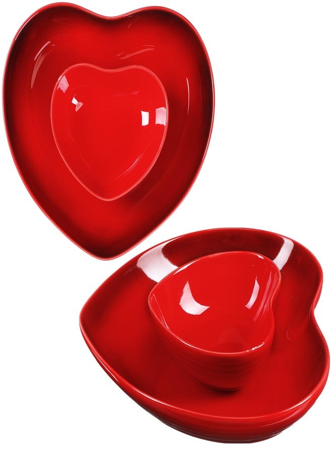 Tioncy 2 Set Heart Shaped Bowls and Plates Set Ceramic Dish Bowls Heart Dinner Plates Salad Bowls Dessert Appetizer Plates for Valentine Wedding Anniversary Baking Kitchen Party(Red) - Image 1