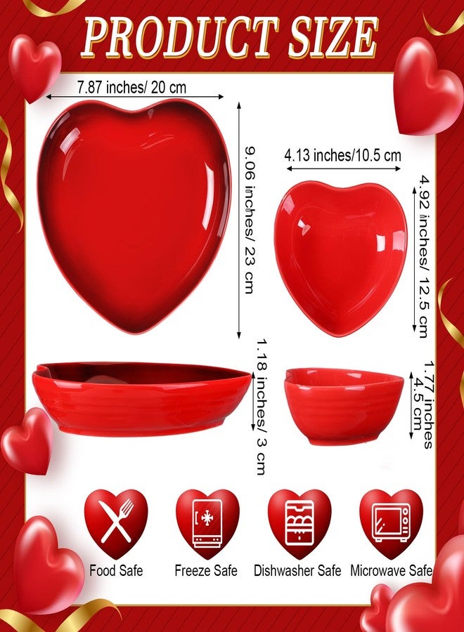 Tioncy 2 Set Heart Shaped Bowls and Plates Set Ceramic Dish Bowls Heart Dinner Plates Salad Bowls Dessert Appetizer Plates for Valentine Wedding Anniversary Baking Kitchen Party(Red) - Image 2