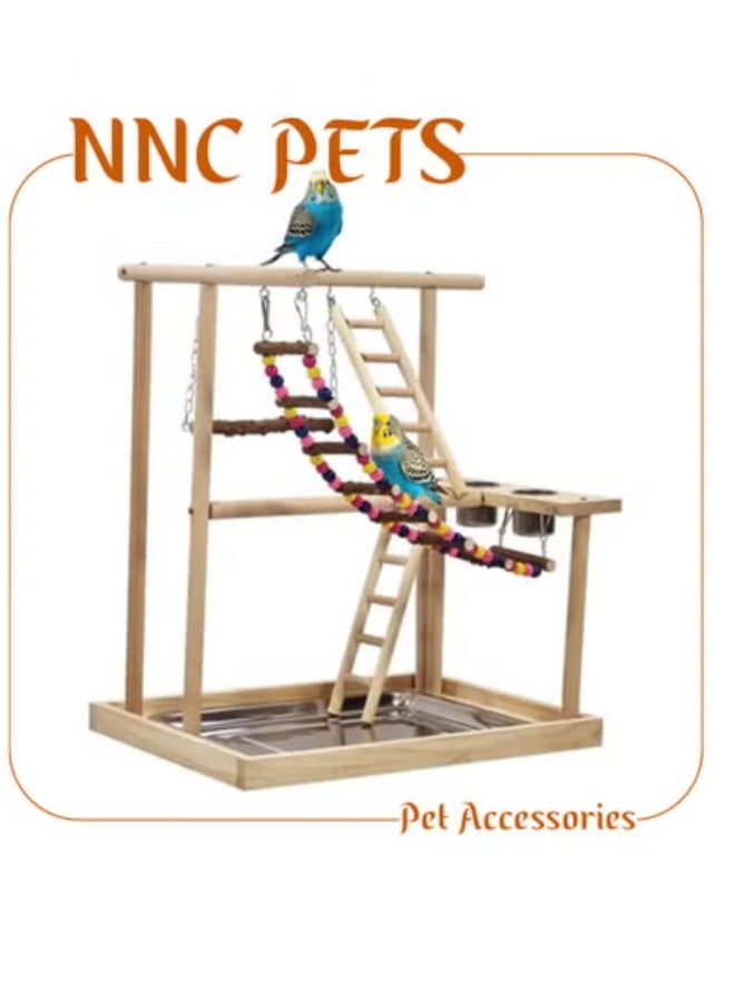 NNC PETS Bird stand, Natural wood bird play stand for small to medium birds, Interactive bird stand with Swinging perch, Feeding cups, Climbing ladders, Removable tray, and Anti-slip bottom 54 cm (Beige) - Image 1