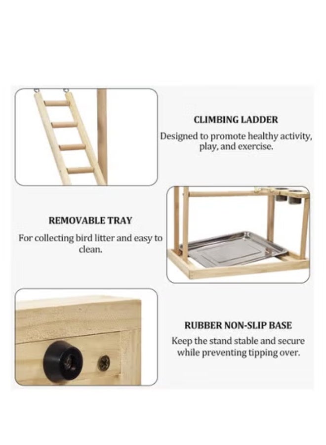 NNC PETS Bird stand, Natural wood bird play stand for small to medium birds, Interactive bird stand with Swinging perch, Feeding cups, Climbing ladders, Removable tray, and Anti-slip bottom 54 cm (Beige) - Image 4