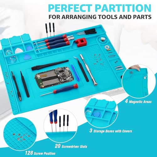 XIKKART Silicone Soldering Mat Heat Resistant up to 932°F – Large 17.8 x 11.8 inch Magnetic Work Mat for Electronics Repair, Cell Phone, Laptop, Computer, Soldering Station (Mat With Screw Combo Set) - Image 4