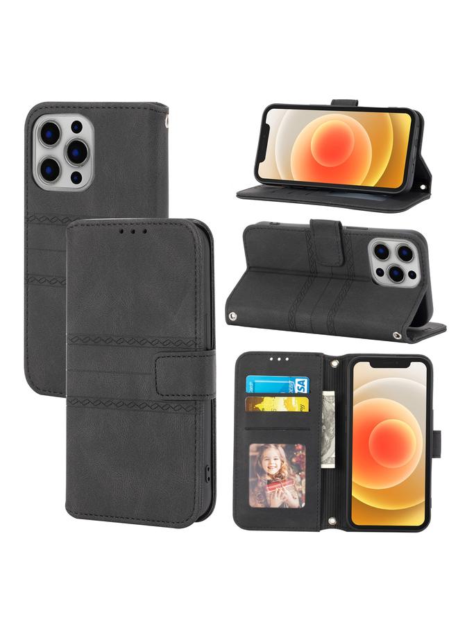 Zaboon Case For iPhone 13 Pro Embossed Striped Magnetic Buckle PU + TPU Horizontal Flip Leather Case with Holder & Card Slot & Wallet & Photo Frame & Sling - Image 1