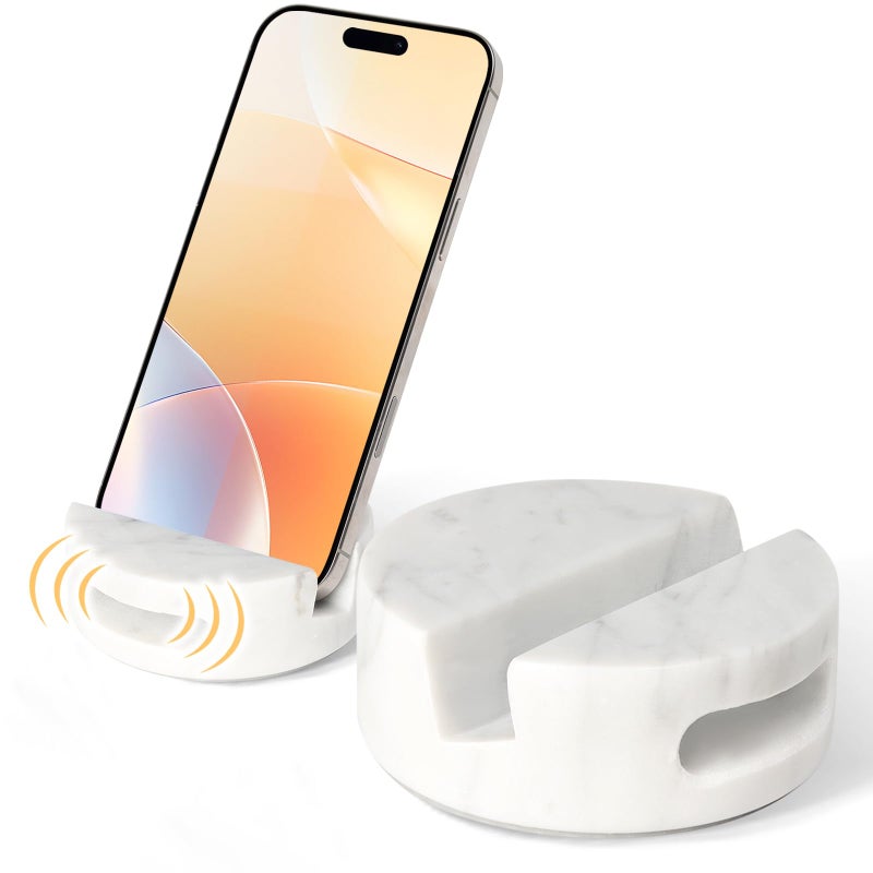CHISELED ST DF SK Elegant and Versatile White Marble Phone Stand with Sound Amplified Output iPhone Phone Holder Function for Office Desk,Kitchen Counter,Bathroom,and Bedside - Image 1